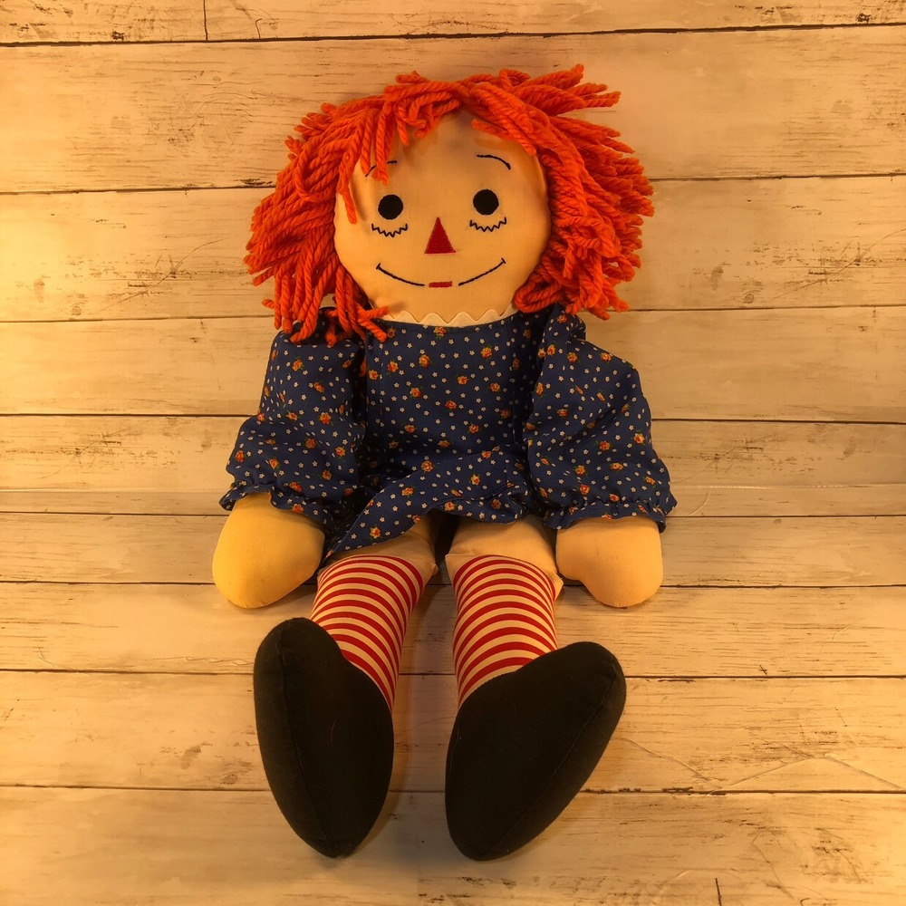 Handmade Raggedy Ann Plush Doll 18 Inch Orange Yarn Hair Blue Floral Dress Heart